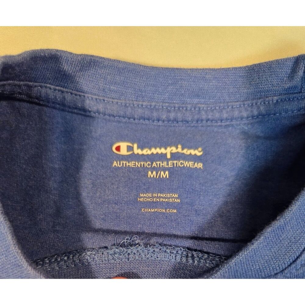 Champion Script Logo T-Shirt Blue Athletic Tee Men's Medium - Picture 2 of 4